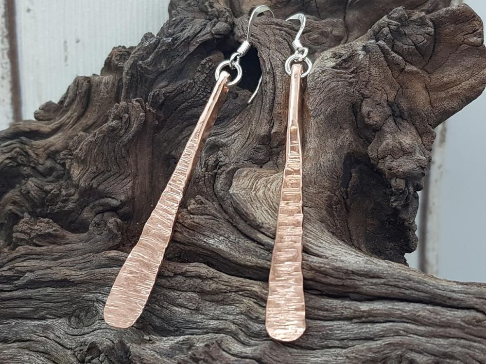 Copper Earrings - Long Bark Texture Paddle Earrings