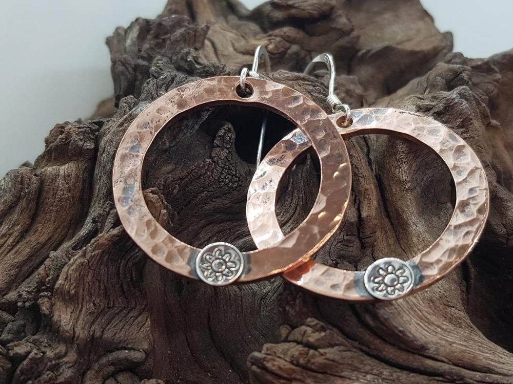 Copper Earrings - Copper Washer Earrings with Sterling Silver Flower Detail