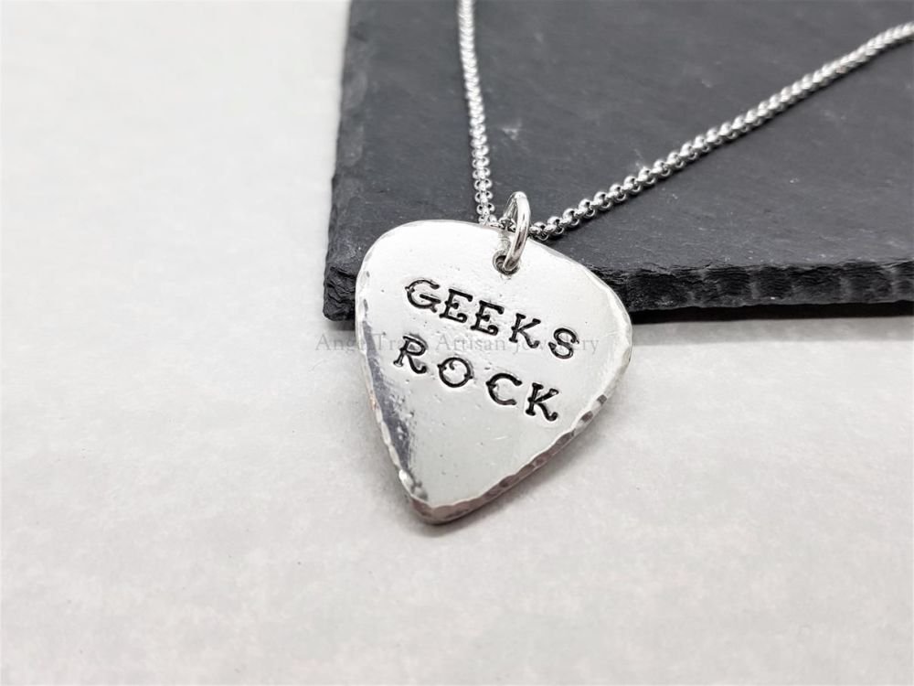 Pewter Geeks Rock Guitar Pick Pendant