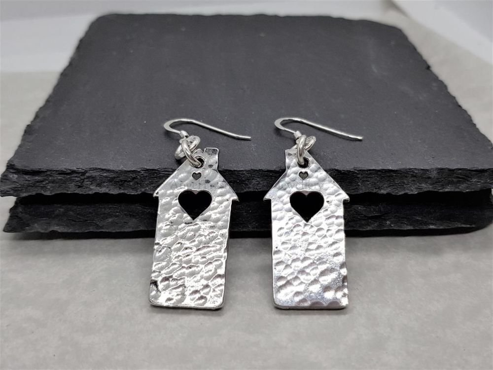 Pewter Hammered Dinky House With a Heart Earrings