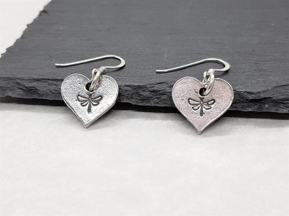 Pewter Heart Earrings with Dragonfly