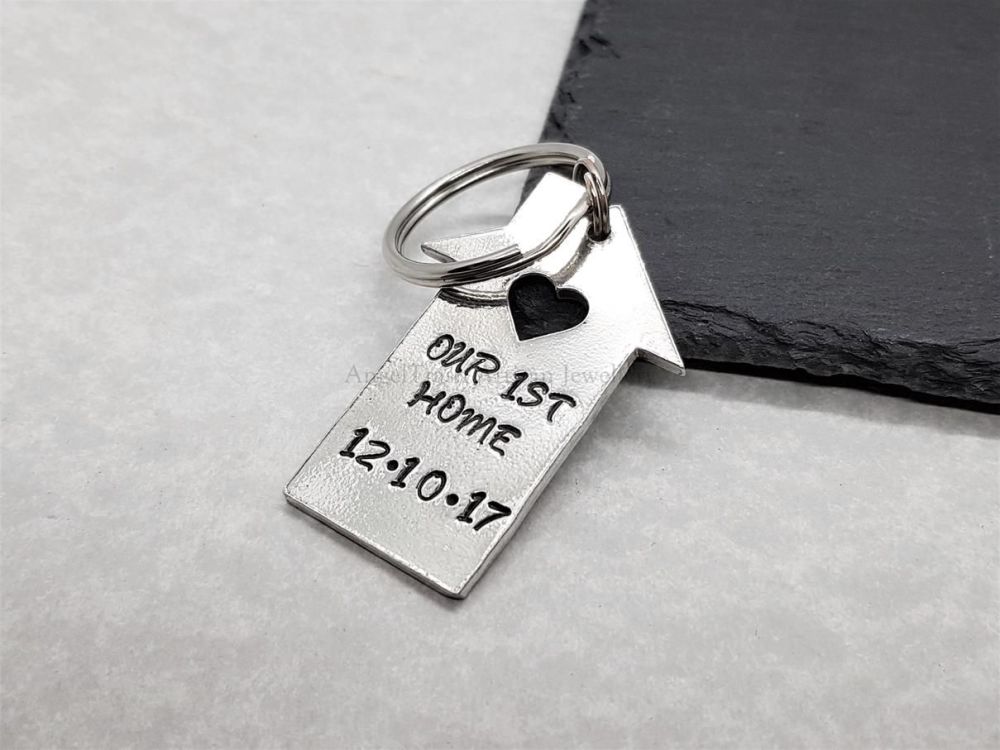 Pewter House With a Heart Keyring - Our 1st Home - Personalised with Date