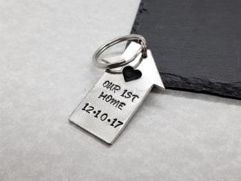 Keyring - Pewter - House With a Heart - Our 1st Home - Personalised with Date