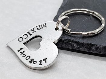Keyring - Pewter - Open Heart - Personalised Place and Date