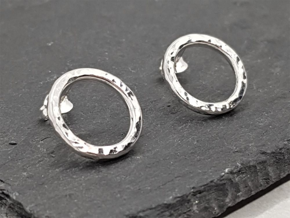 Sterling Silver Earrings - Hammer Texture Circle Stud Earrings