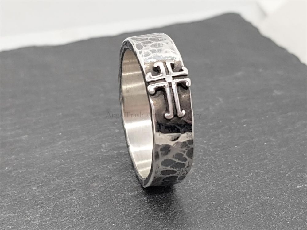 Sterling Silver Ring - Chunky Hammered Band with Cross