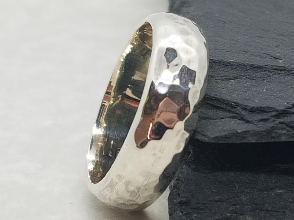 Sterling Silver Ring - Heavyweight Hammered D Shape 6mm Wide Wedding Ring