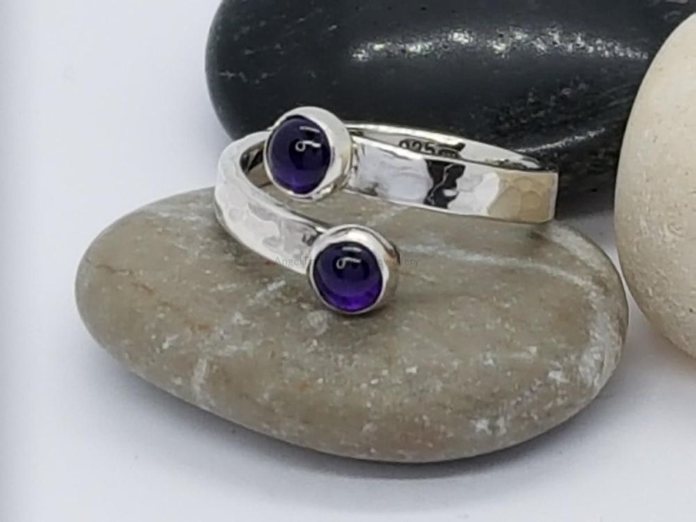 Sterling Silver Ring - Encircle Wrap Ring - Double Amethyst Cabochons