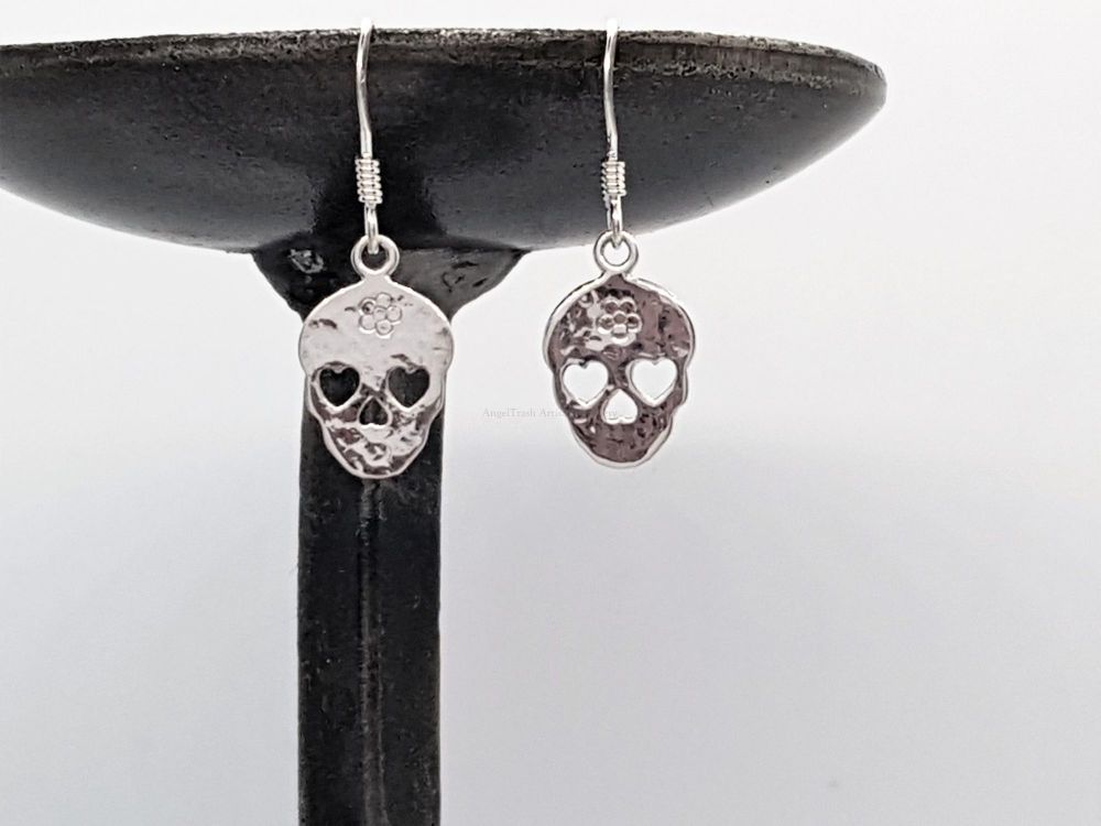 Earrings - Sterling Silver - Hammered Sugar Skull Earrings