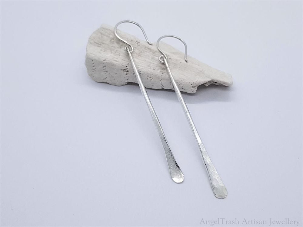 Earrings - Sterling Silver - Long Hammer Texture Paddle Earrings