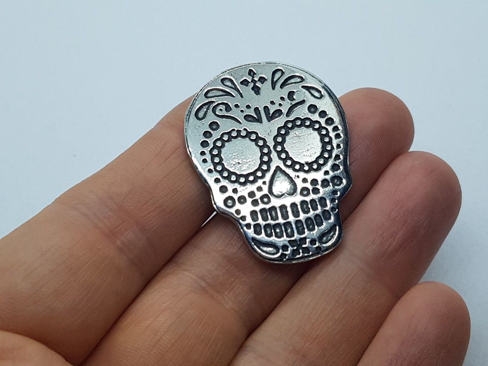 Lapel Pin - Pewter Sugar Skull Pin Badge Design 1