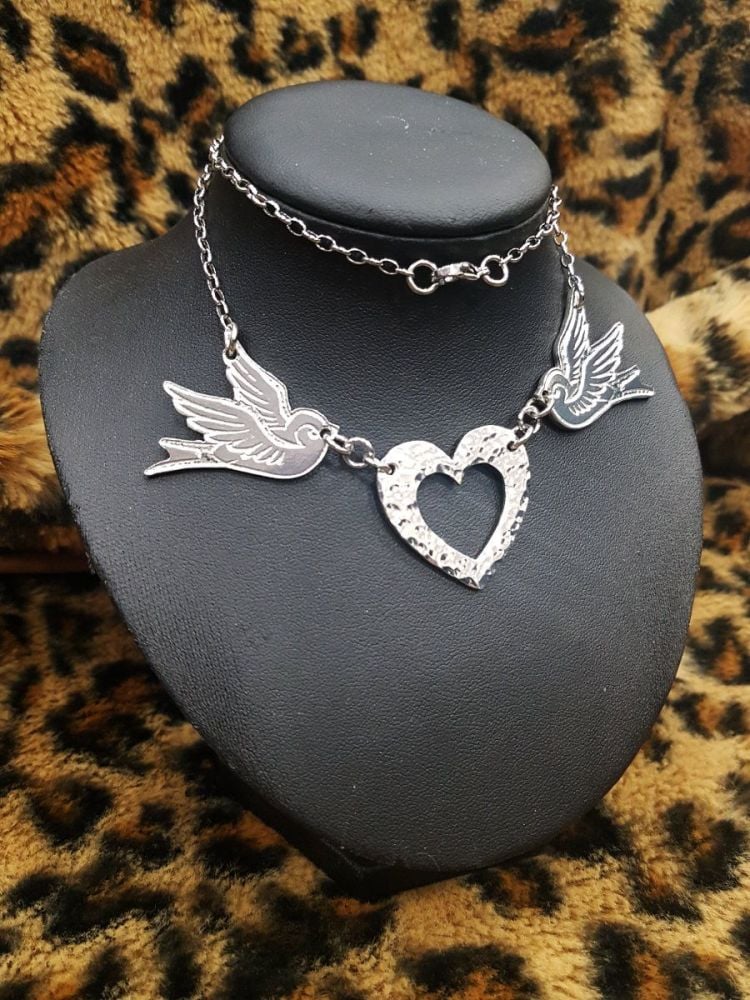 Necklace - Pewter - Tattoo Inspired Swallows & Hammered Heart Necklace