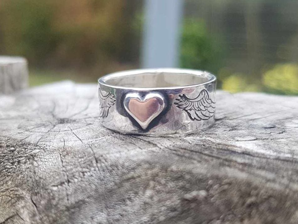 Ring - Sterling Silver - Hammered Band with Winged Heart - Size M
