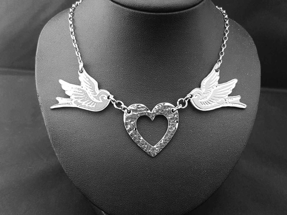 Necklace - Pewter - Tattoo Inspired Swallows & Hammered Heart Necklace