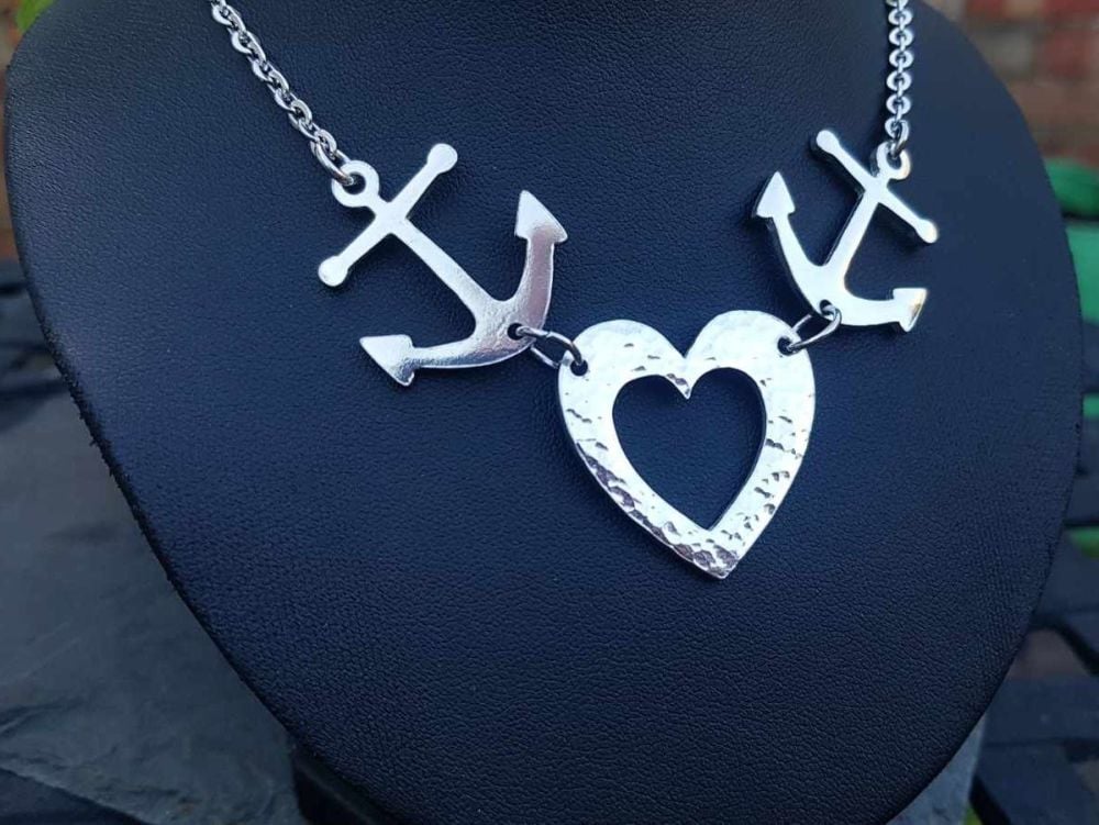 Necklace - Pewter - Tattoo Inspired Anchors & Hammered Heart Necklace