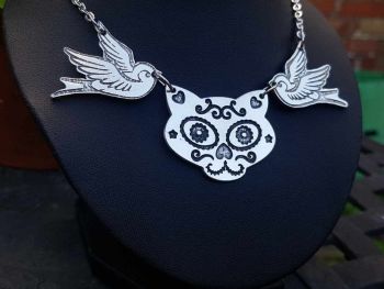 Chest Piece Necklace - Pewter - Tattoo Inspired Swallows & Sugar Skull Cat