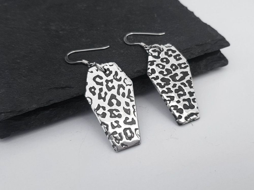 Earrings - Pewter - Leopard Print Coffins