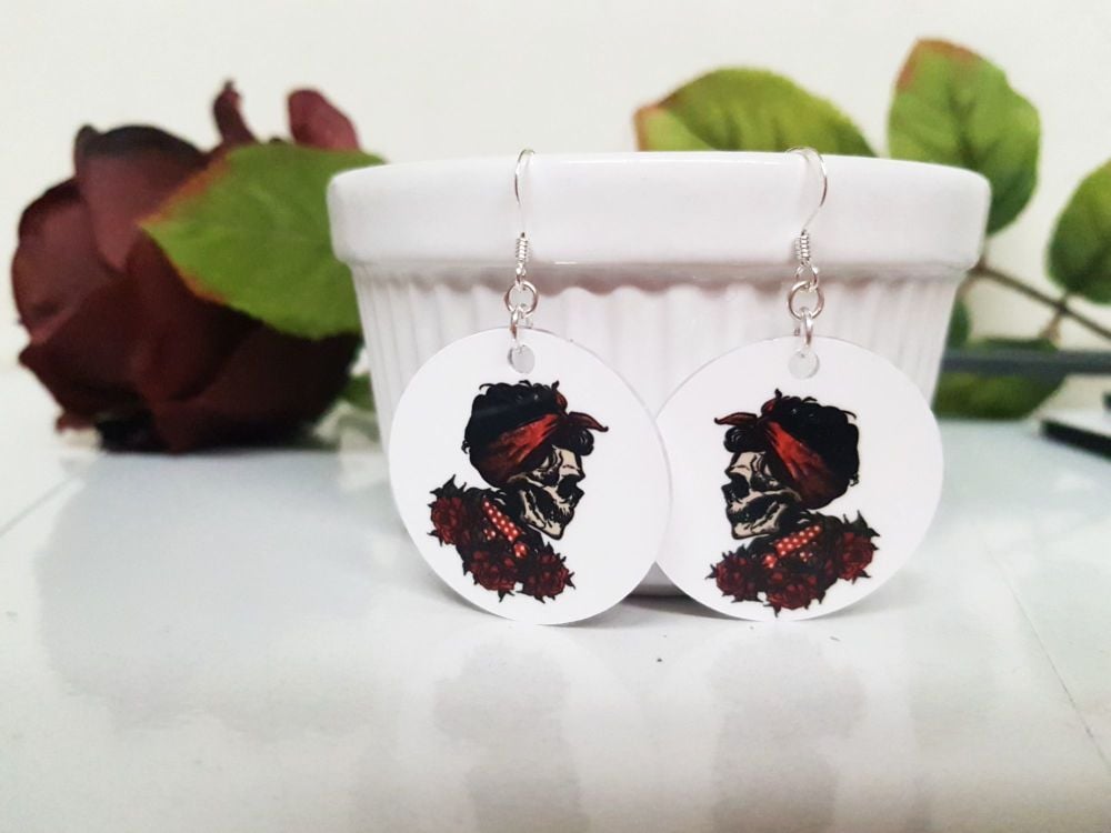 Earrings - Aluminium & Silver - Rockabilly Cherry Skull & Roses Earrings