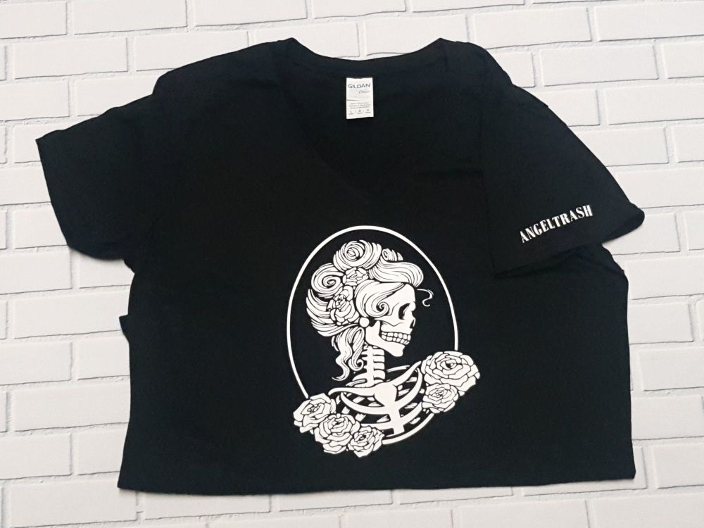 Ladies T Shirt - V Neck - White Skull Cameo on Black Tee