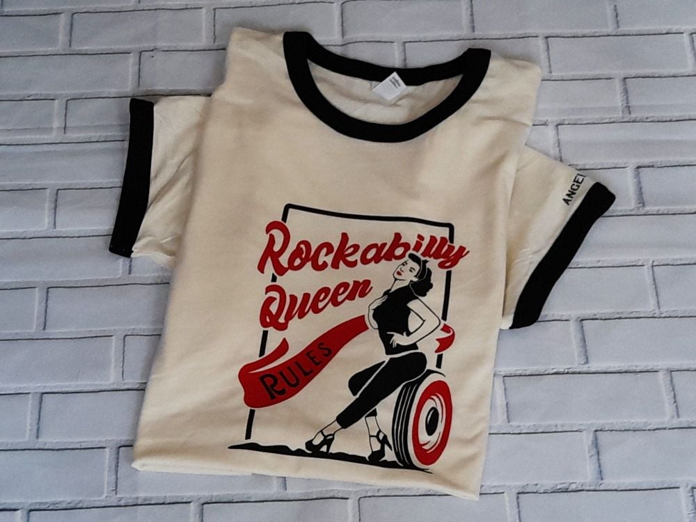 Unisex T Shirt - Vanilla/Black Ringer Tee - Rockabilly Queen