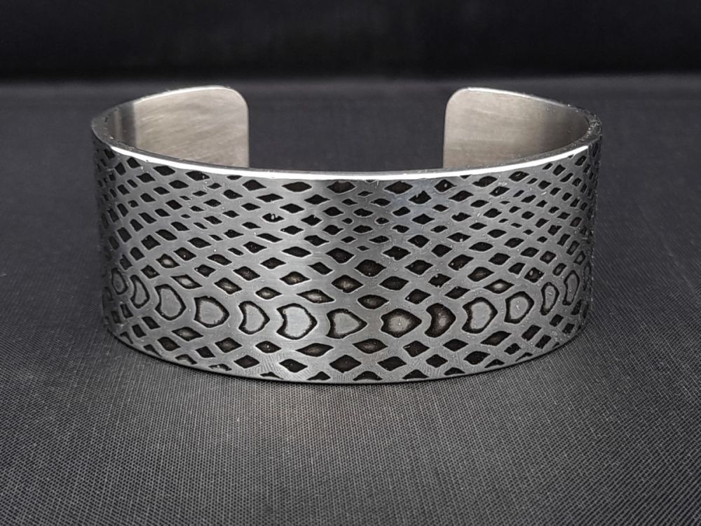 Bracelet - Pewter Wide Cuff Bracelet with Snake Skin Pattern