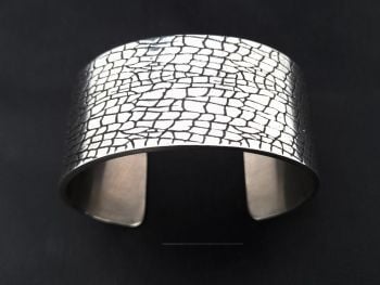 Bracelet - Pewter Wide Cuff Bracelet with Cracked Leather Pattern