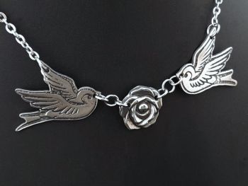 Chest Piece Necklace - Pewter - Tattoo Inspired Swallows & Little Rose