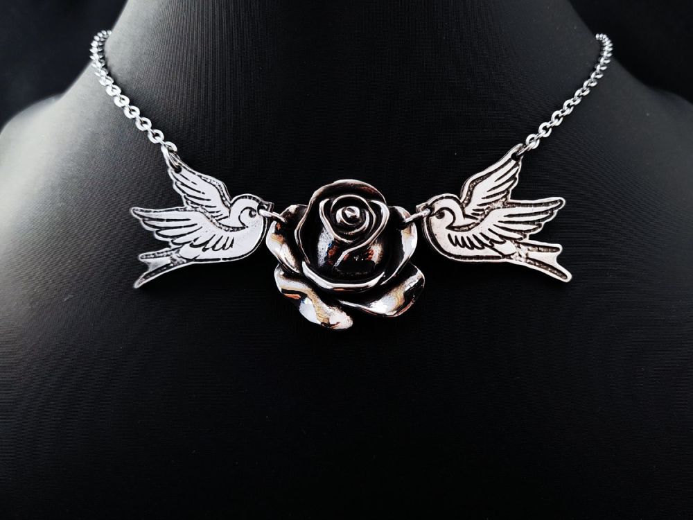 Chest Piece Necklace - Pewter - Tattoo Inspired Swallows & Large Rose