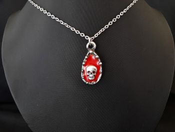 Necklace - Pewter -Red Resin & Skull in Rustic Bezel