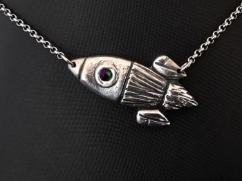 Necklace - Pewter - Chunky Retro Rocket with Cosmic Crystal