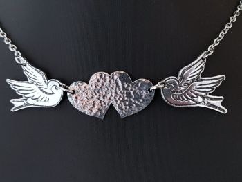 Chest Piece Necklace - Pewter - Tattoo Inspired Swallows & Double Heart