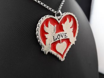 Necklace - Pewter - Peace & Love - Large Frilly Heart Pendant 