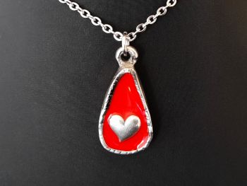 Necklace - Pewter -Red Resin & Heart in Rustic Bezel