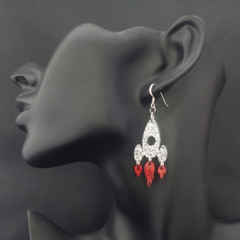 Silver & Red Glitter Resin Rocket Earrings