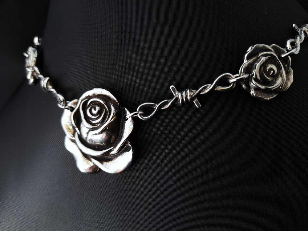 Chest Piece Necklace - Pewter - Tattoo Inspired Barbed Roses Necklace