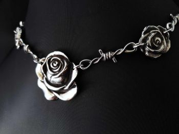 Chest Piece Necklace - Pewter - Tattoo Inspired Barbed Roses Necklace