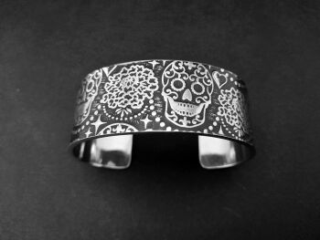 Bracelet - Pewter Wide Cuff Bracelet with Day of the Dead pattern