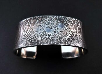 Bracelet - Pewter Wide Cuff Bracelet with Spider Web Pattern 2, Halloween