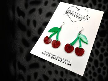 Red Sparkle Cherry Earrings on Sterling Silver Hooks