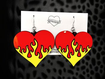 Flaming Heart - Large Size Earrings with Sterling Silver Hooks