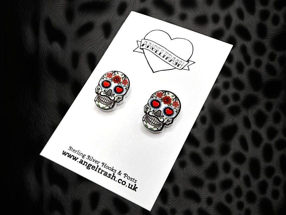 Sugar Skull - Small Size Stud Earrings with Sterling Silver Posts & Butterf