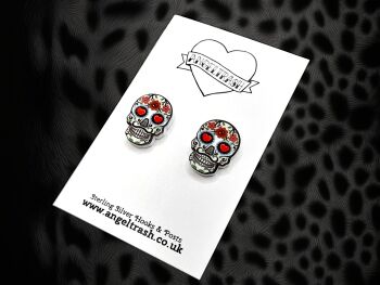 Sugar Skull - Small Size Stud Earrings with Sterling Silver Posts & Butterflies
