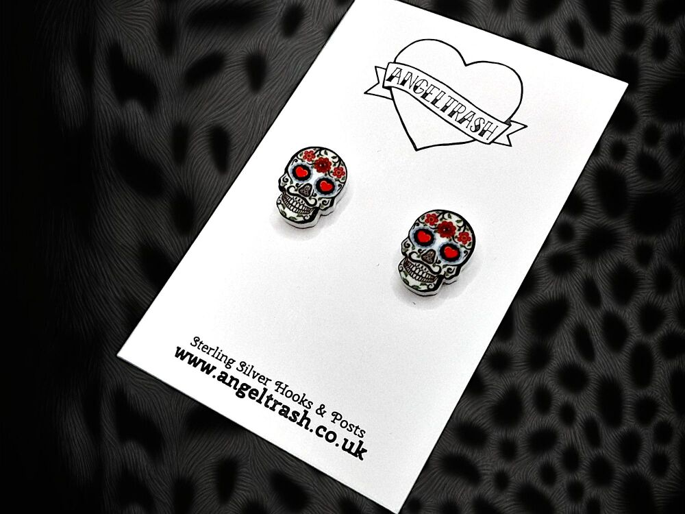 Sugar Skull - Tiny Size Stud Earrings with Sterling Silver Posts & Butterfl