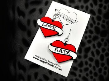 Tattoo Banner Heart -Love/Hate earrings with Sterling Silver Hooks