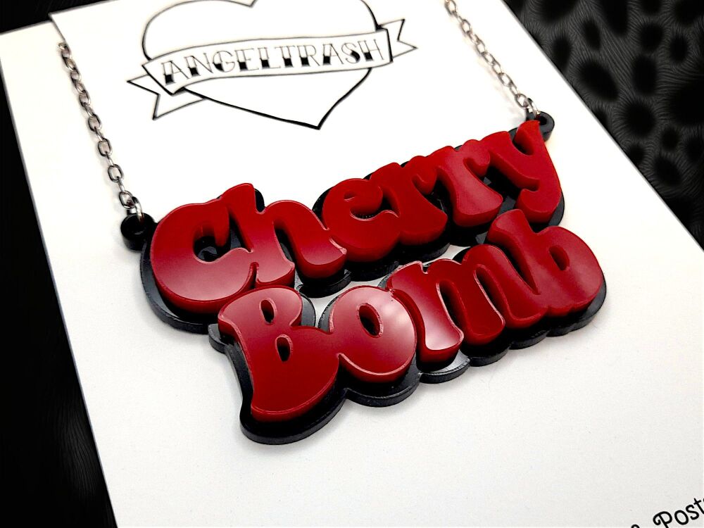 Name or Word Necklace  - Cherry Bomb - 2 lines of text with contrast back p