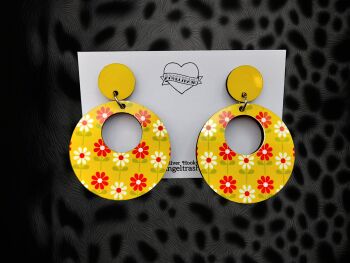 Yellow Flower Power Wooden Washer Earrings