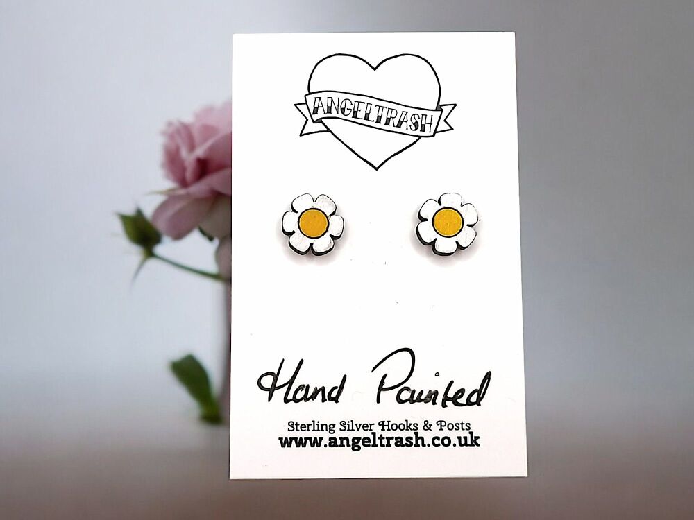 Tiny Hand Painted Wood Daisy Studs