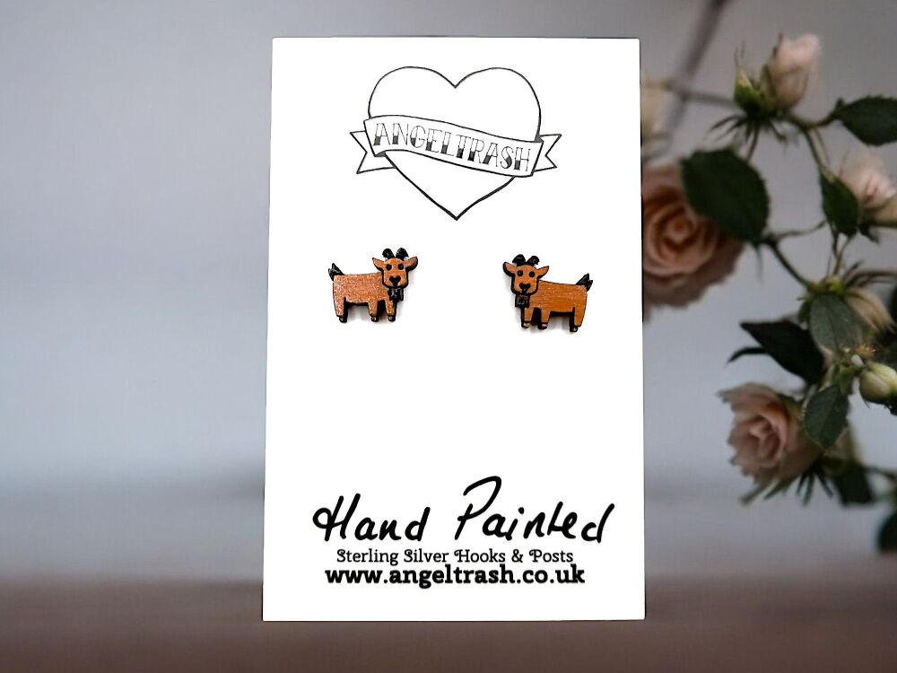 Tiny Hand Painted Wood Goat Studs