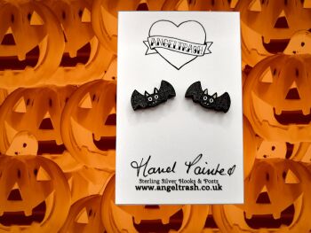 Tiny Hand Painted Wooden Halloween Studs - Bat