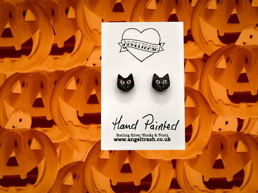 Tiny Hand Painted Wooden Halloween Studs - Black Cat Face